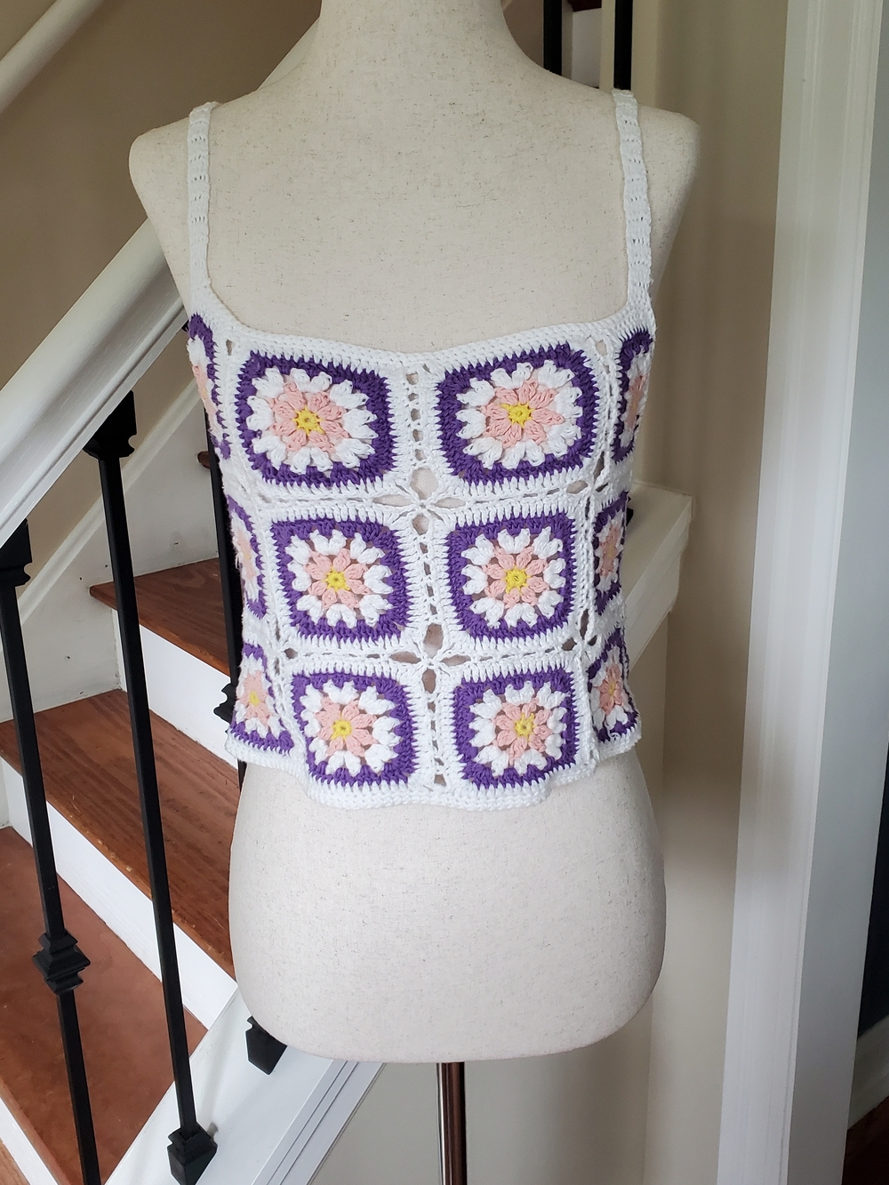 La Hearts White Crochet Square-Panel Tank with Purple and Pink Accents